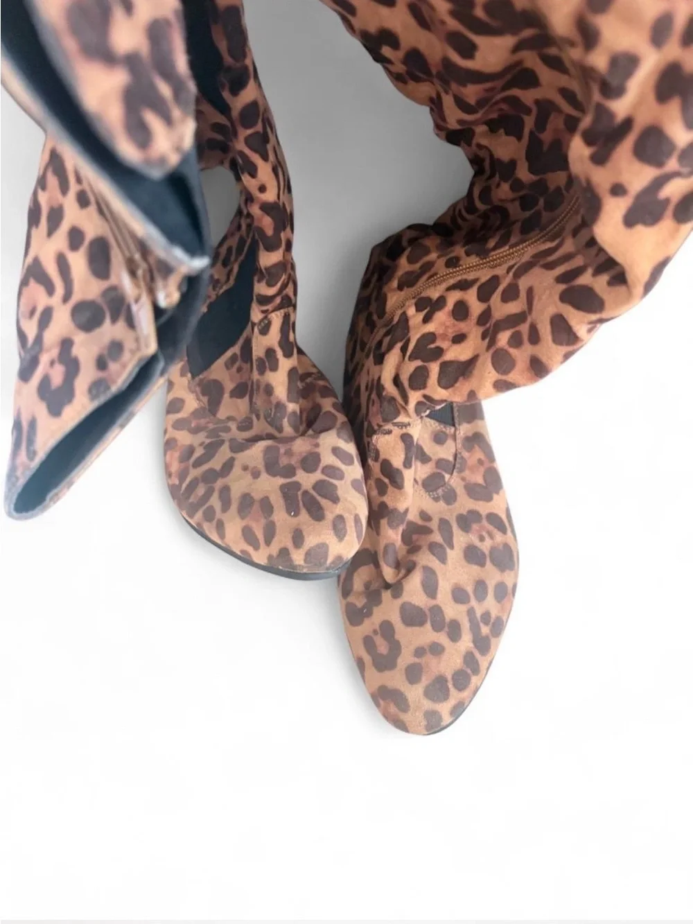 Leopard Print Over-the-Knee Stretch Boots - Brown/Black